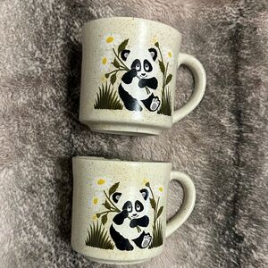 2 Otagiri Adorable Panda and Daisies Tan Speckled Coffee Mugs/Cups Japan Vintage